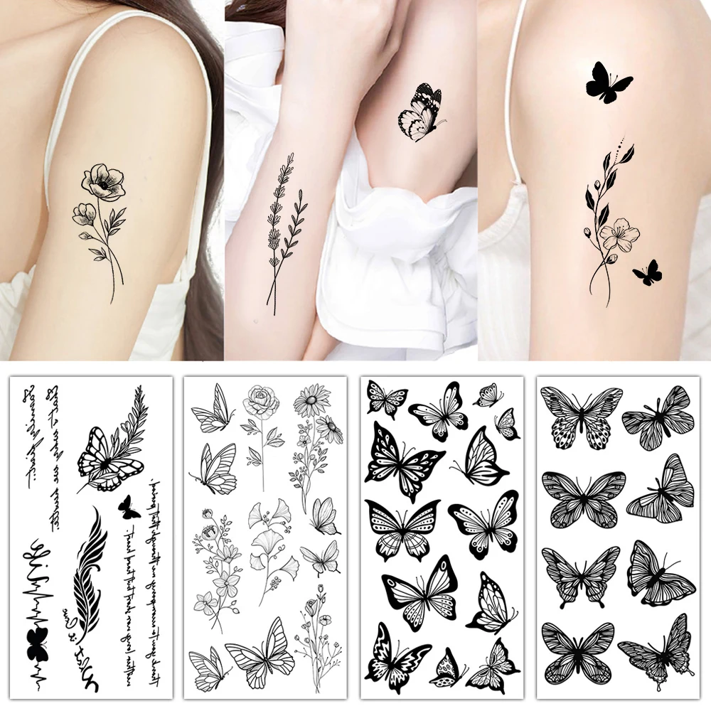 

Черно-белая бабочка, временная татуировка, цветок, скетч, водостойкая, стойкая татуировка, наклейка для женщин, искусственная татуировка