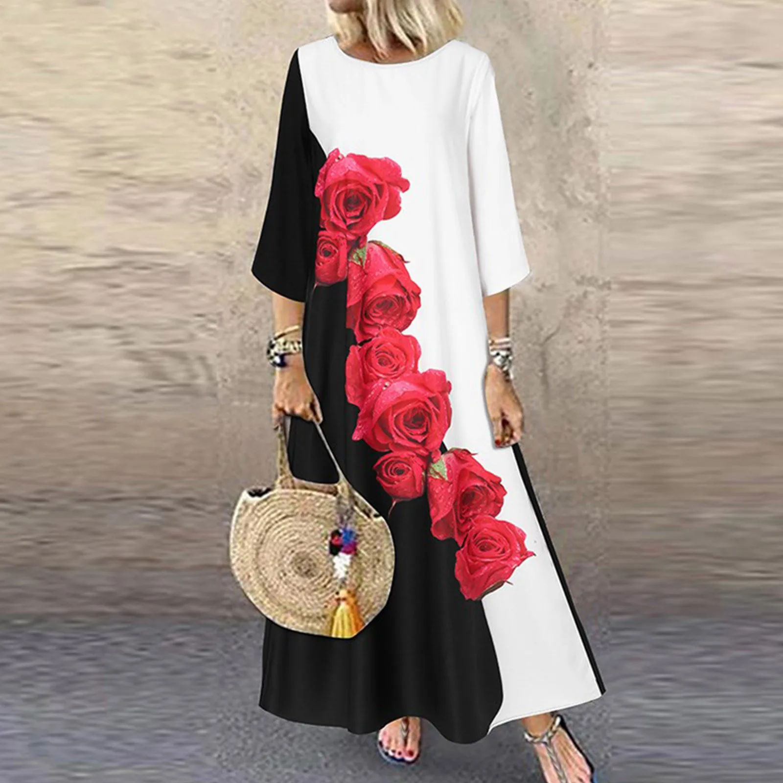 

Maxi Dress For Women Casual Floral Print Dress Cotton Linen O Neck Irregular Hem Loose Long Silk Blend Travel Dress