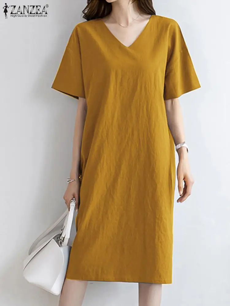 

Элегантный женский сарафан ZANZEA, модное летнее повседневное однотонное платье до колен, женское платье 2022 с V-образным вырезом и коротким рук...
