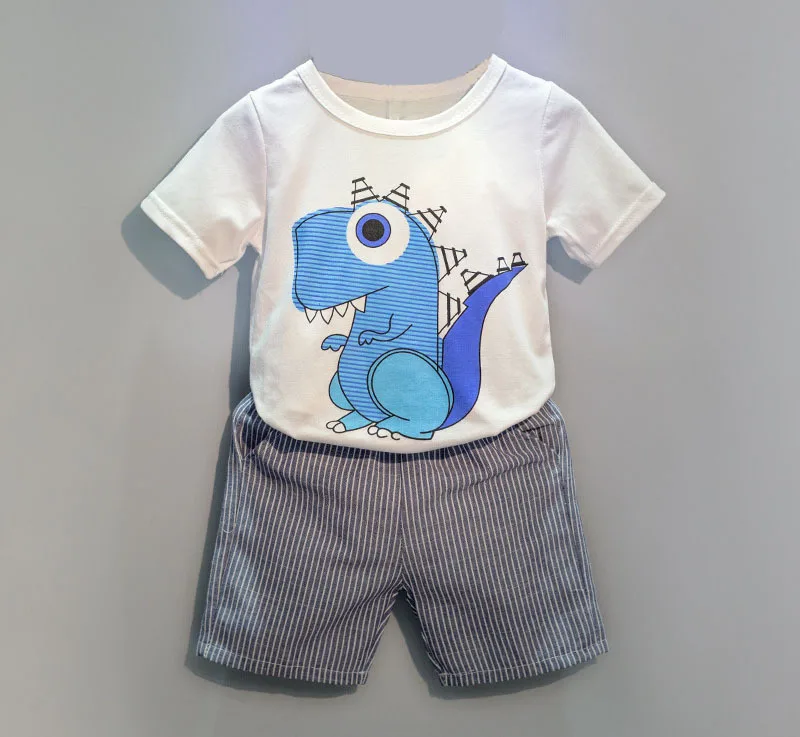 

Korean Cartoon Dinosaur 2pcs Clothes New Boys Summer Short Sleeve T-shirt Tops+Striped Shorts Set Baby Boy Fashion Sport Outfits