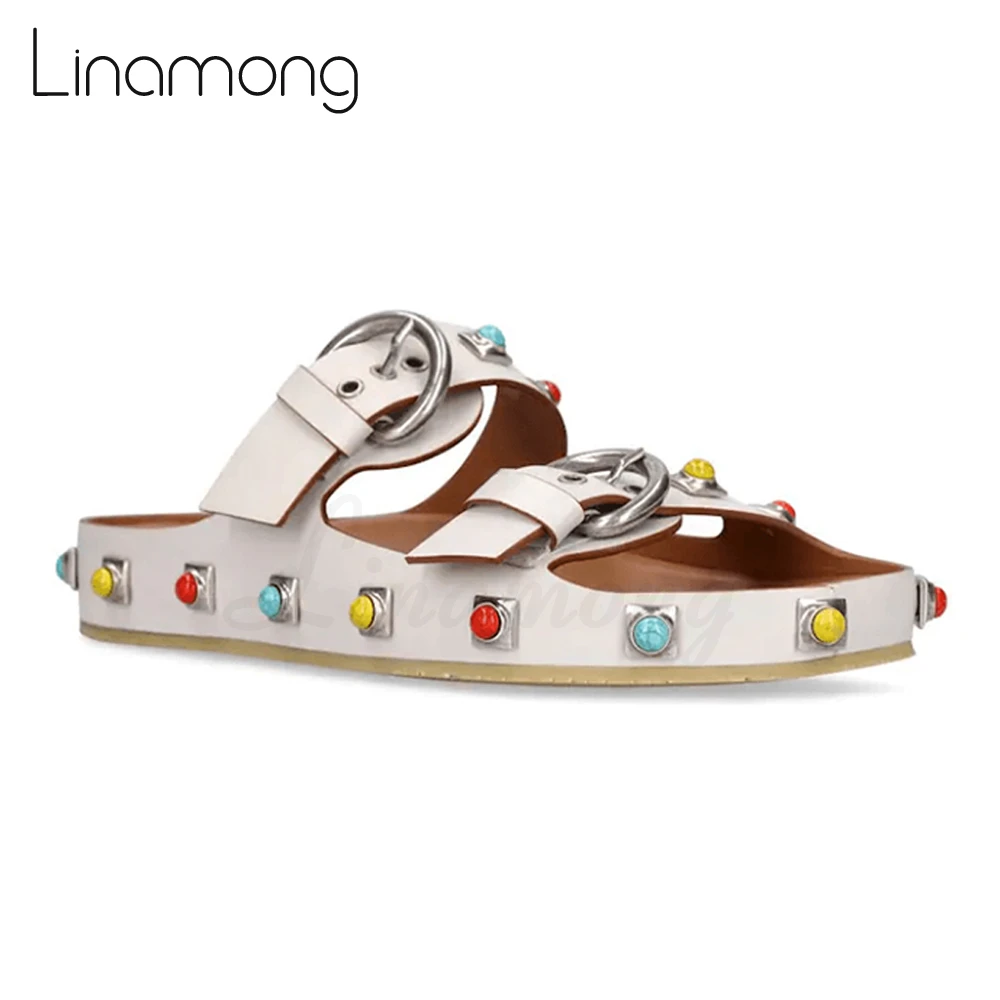 Colourful Stone Embellished Slippers Metal Gemstone Leather Strappy Sandals Adjustable Belt Buckle Rubber Sole Summer Shoes New