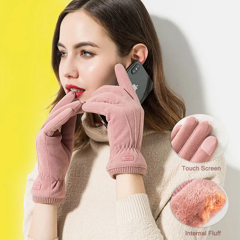 

New Winter Grace Female Warm Gloves Three Ribs Mittens Double Thick Plush Wrist Women Elegant Gloves Touch Screen Driving Gloves