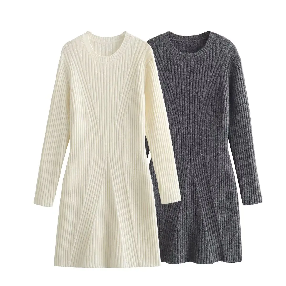 

Y2k New Autumn Solid Color Pullover Women's European American Round Neck Long Sleeve Pit Knitted Short Dresses Female Clothes