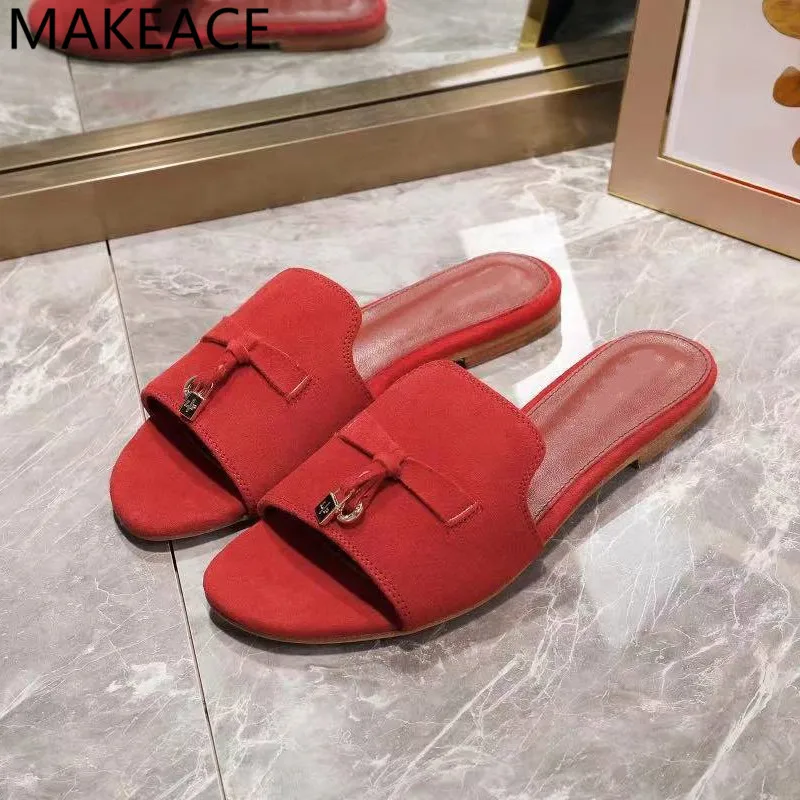 

Summer New Woman Flat Slippers Multicolor Metal Lock Tassel Round Toe Mules Shoes Beach Slippers Women Casual Ladies Shoes 2022