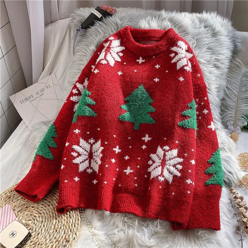 

Red Christmas Snowflake Pullover Sweater Women 2023 Winter New Thick Casual Soft Loose Round Neck Long-sleeved Knitted Top