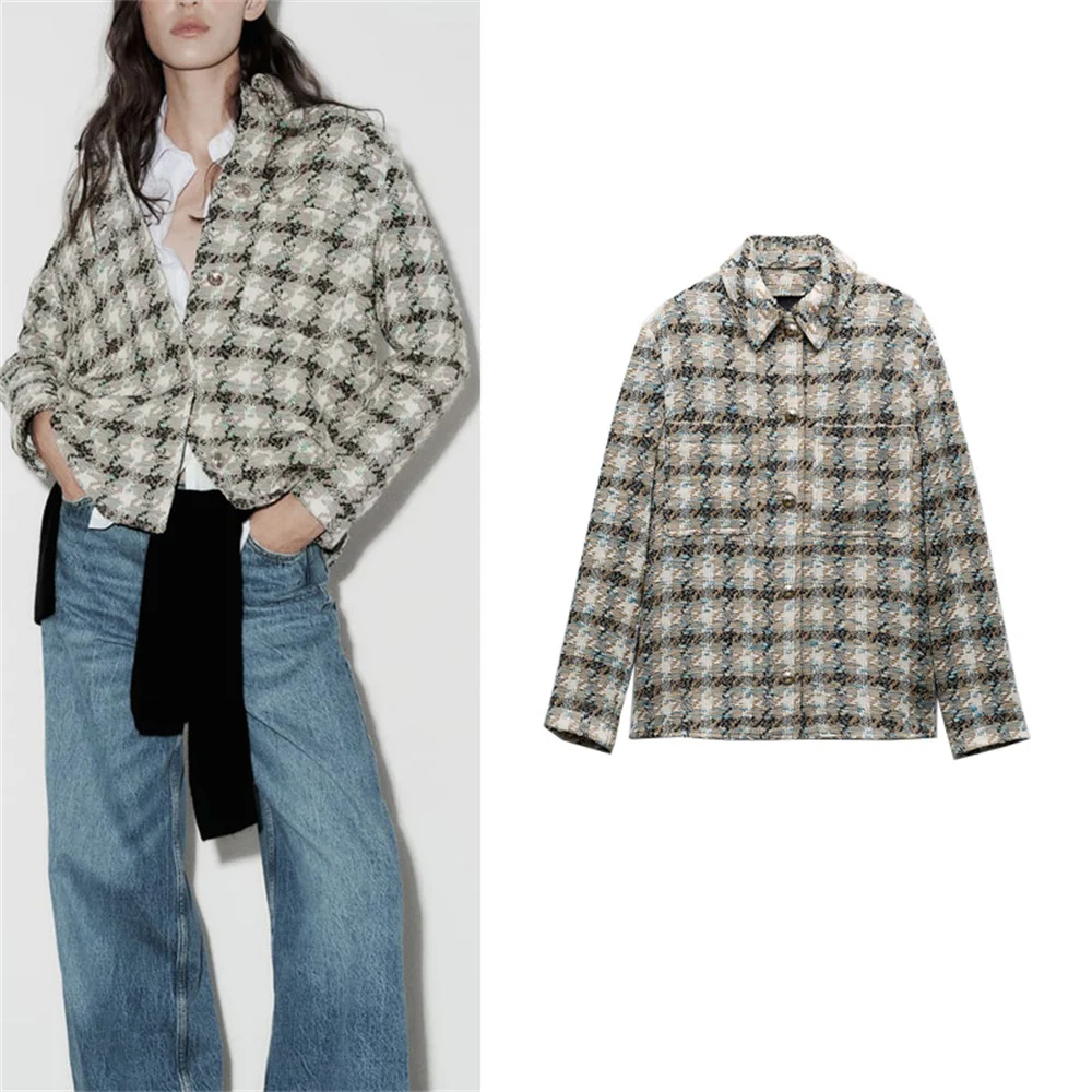

Женская куртка с отложным воротником, свободная текстурная куртка в французском клетку, с застежкой на пуговицах и накладными карманами, Осень-зима 9109167