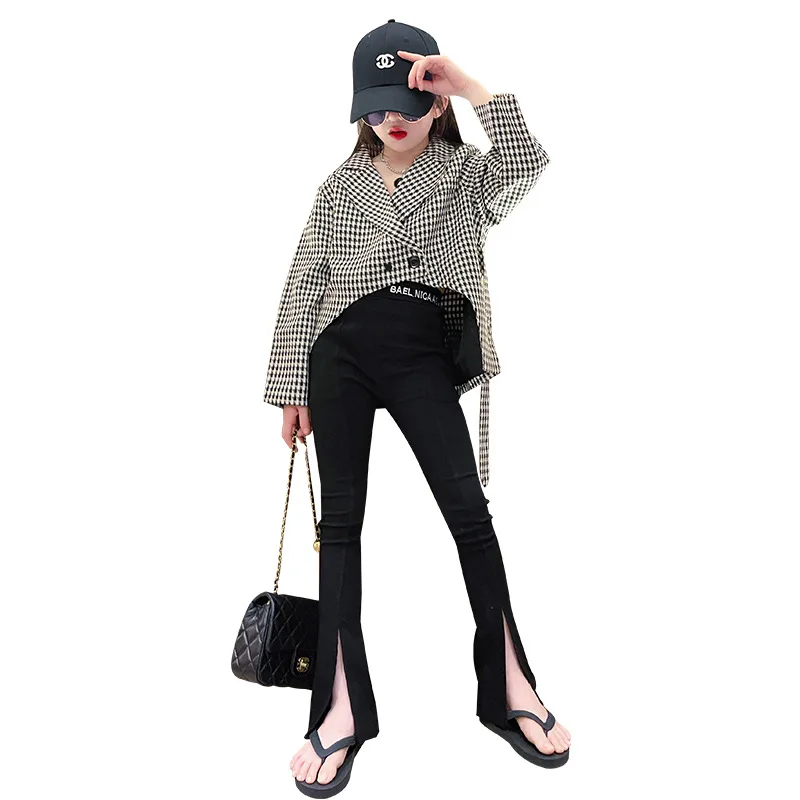 

Girls Coat Set Children's Clothing Kids Clothes Plaid Suit Jacket + Leggings Split Pants 2pcs Spring Autumn New Fashion Outfits