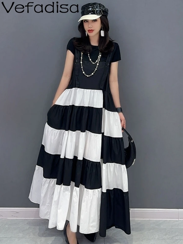 

Vefadisa 2023 Summer New Women Suspender Dress Personality Spliced Ruffles Fashion Skirt Trendy Girl Black White Dress ZY1247