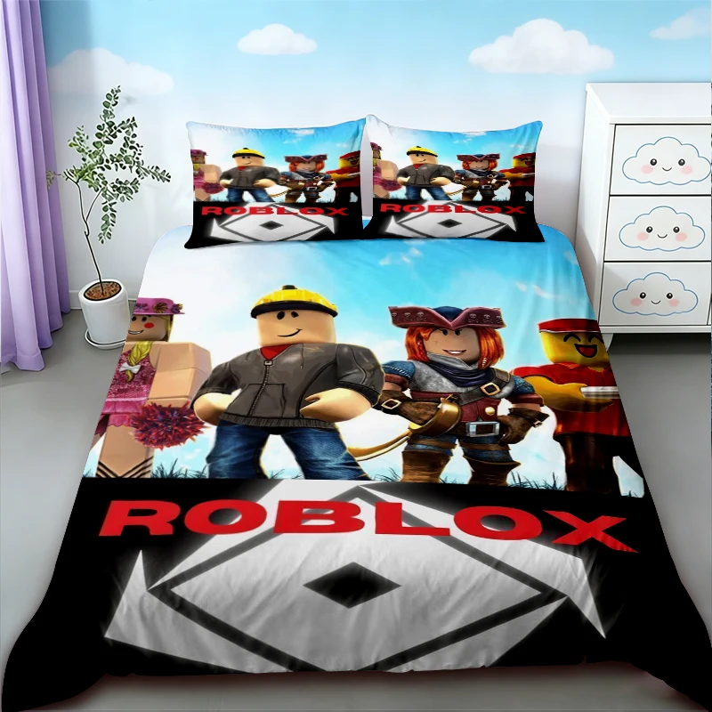 Фото Комплект постельного белья Roblox из 3 предметов: пододеяльник и наволочки, мультяшный дизайн для подростков, размеры Queen и King, для декора спальни, подарки для дома №3