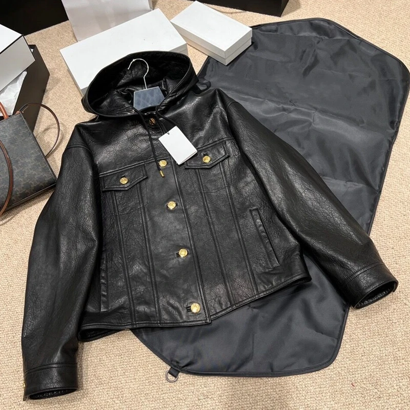 Женская куртка из 100% натуральной кожи с капюшоном и длинным рукавом |