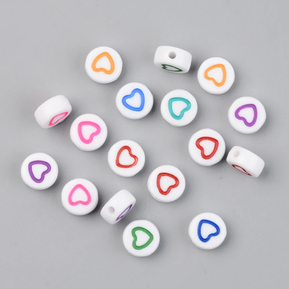 

200PCS Opaque Acrylic Beads with Enamel Flat Round with Heart Mixed Color 7.5x3.5mm Hole: 1.5mm