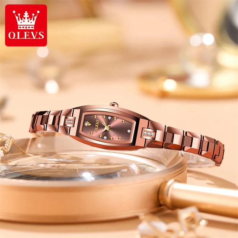 OLEVS Rose Gold Women Watches Luxury Dress Quartz Ladies Wrist Watch Small Tungsten Steel Watches Bracelets For Female Gift