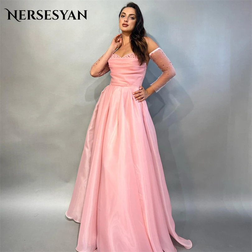 

Nersesyan Elegant Pink Chiffon Party Dresses Glitter Sweetheart Pleats Formal Evening Gowns A Line Draped Vestidos De Fiesta