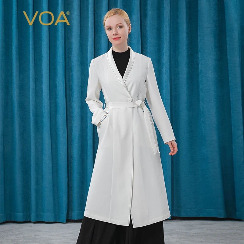 

VOA 30m/m Heavyweight Silk Milk White Lapel Blue Line Selvage Strap One Button Crossbody Bag Long Sleeve Trench Coat FE68