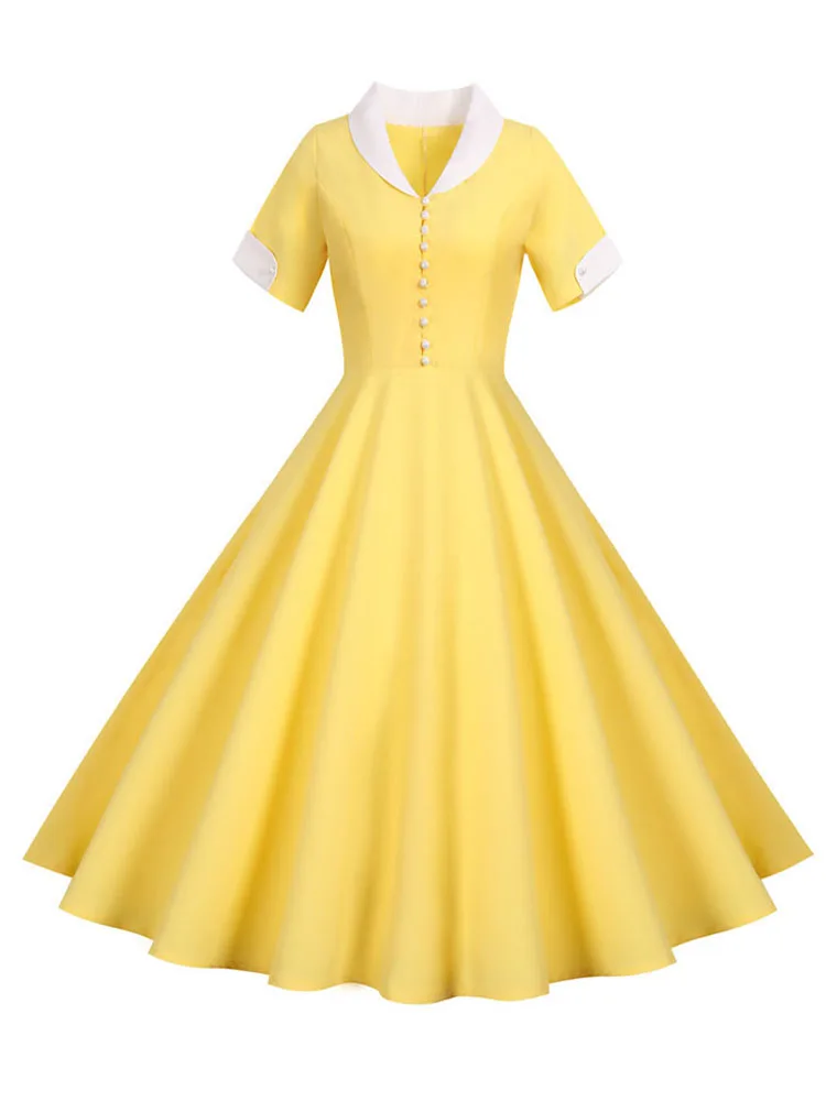 

Женское приталенное платье с коротким рукавом, однотонное желтое платье средней длины с высокой талией, классический сарафан для офивечерн...