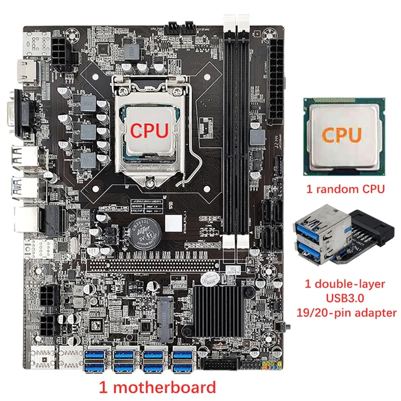 

B75 8 Card Mining Motherboard+CPU+Double Layer USB3.0 20Pin Adapter 8 USB3.0 GPU Slot LGA1155 DDR3 SATA3.0 For BTC/ETH