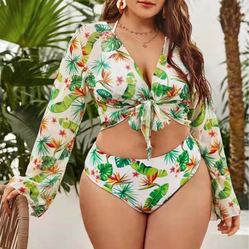 

3 Piece Bikini Set Women Floral Print Long Sleeve Crop Top High Waist Bathing Suit Beachwear Outfits Plus Size Swimsuits