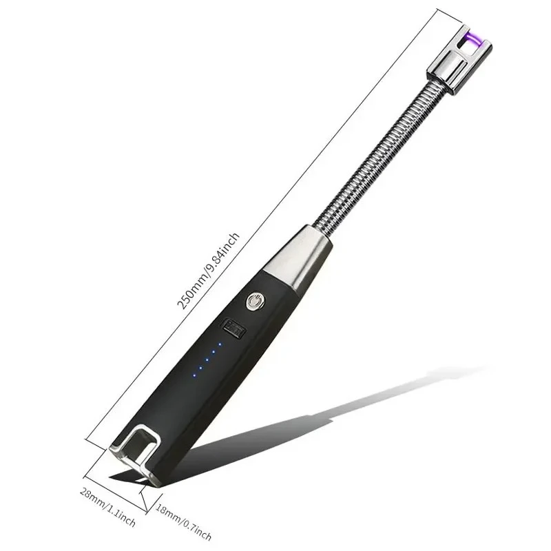 Фото 360 °   Металлическая угловая зажигалка для кухни, USB-перезаряжаемая, портативная, электронная, с индикатором заряда, защитой от случайного включения, для газовых плит и свечей №3