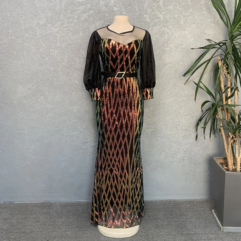 

Dashiki African Dresses for Women Autumn African Women Long Sleeve Black Sequined Plus Size Long Dress African Robes