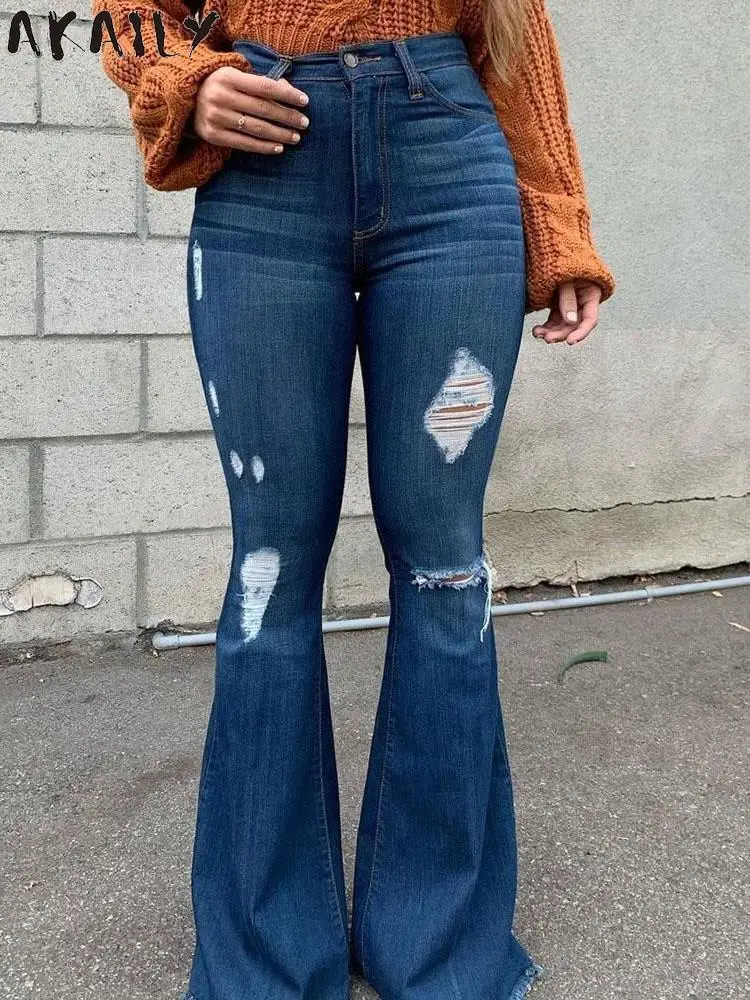 

Женские узкие джинсы Akaily с бахромой, летние брюки большого размера, повседневные женские брюки с дырками и высокой талией, модель 2023 года