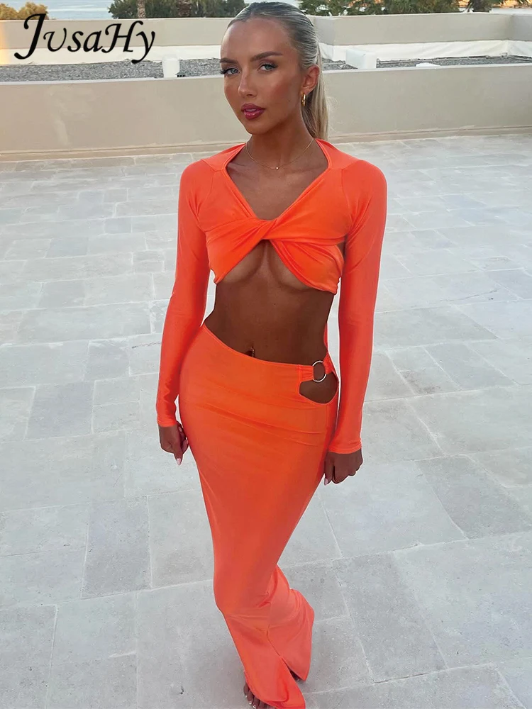 Осенний пикантный костюм Jusahy до щиколотки с юбкой в стиле High Street K24S55243 однотонный