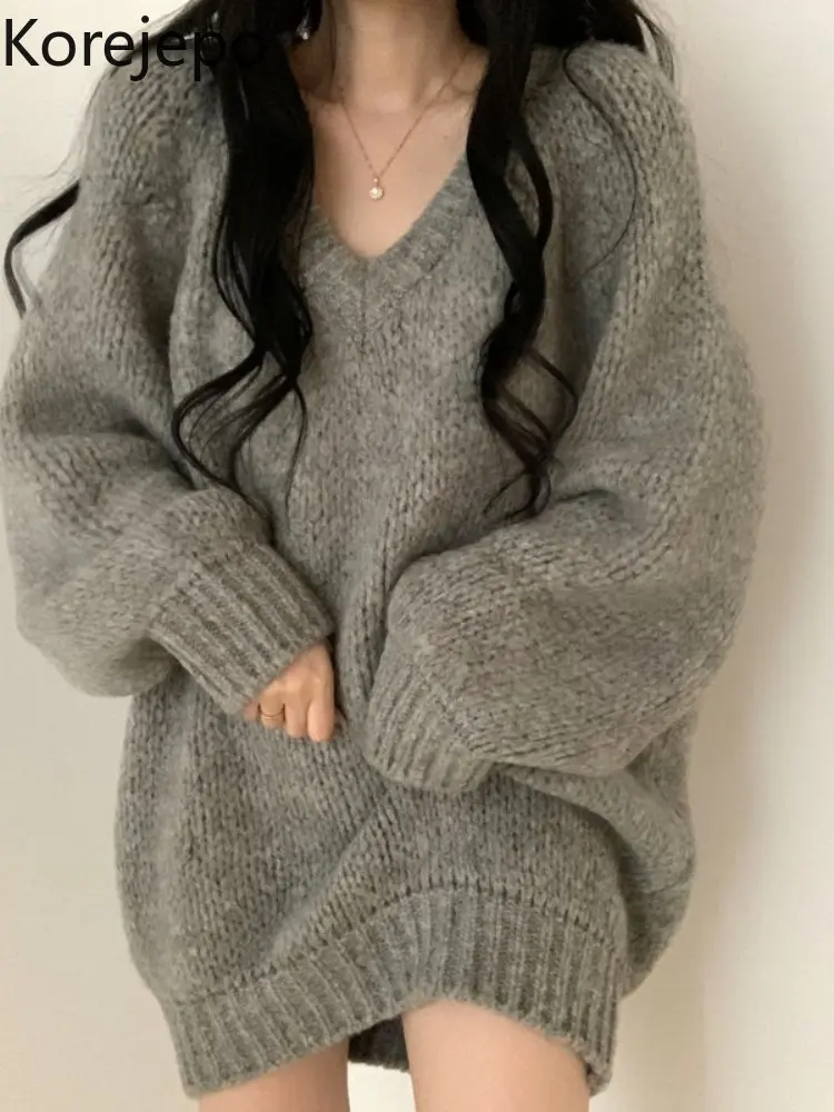 

Korejepo Grey Medium Long Sweater Women Autumn Winter Retro Lazy Style V Neck Sweaters Top 2022 New Loose Long Sleeve Pullover