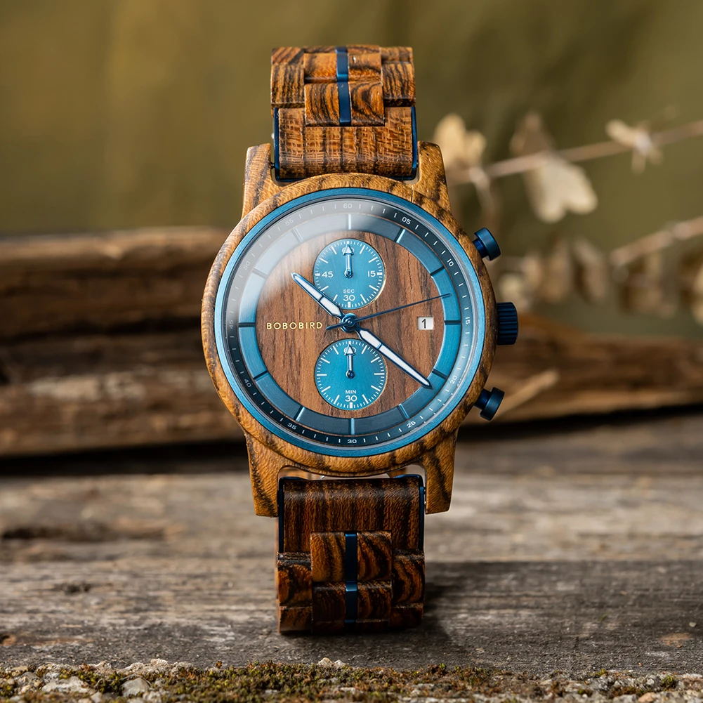 BOBO BIRD Wood Watch Men Business Japanese Quartz Movement Watches Engraved Chronograph Wristwatch with Date Display Custom Gift