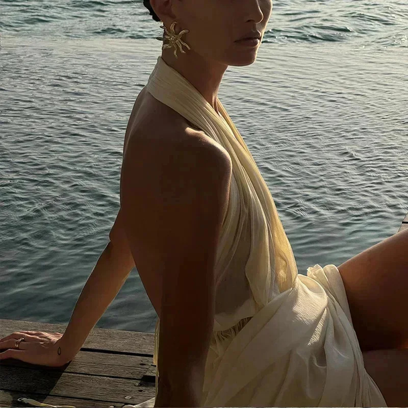 Женские сексуальные марлевые костюмы с лямкой на шее плиссированный укороченный