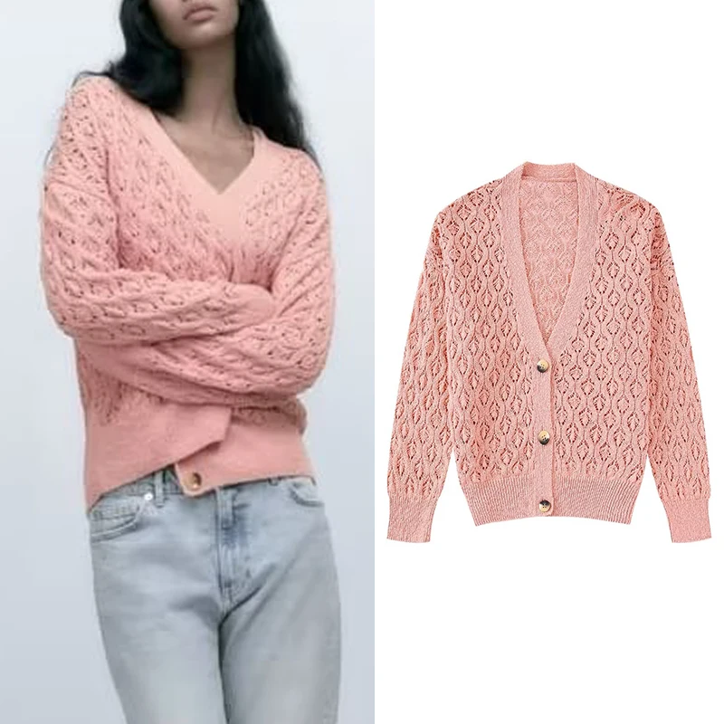 

2022 Spring Women Fashion Jacquard Mesh Knit Cardigan Versatile Long Sleeve Single-breasted V Neck Short Outerwear BB22888