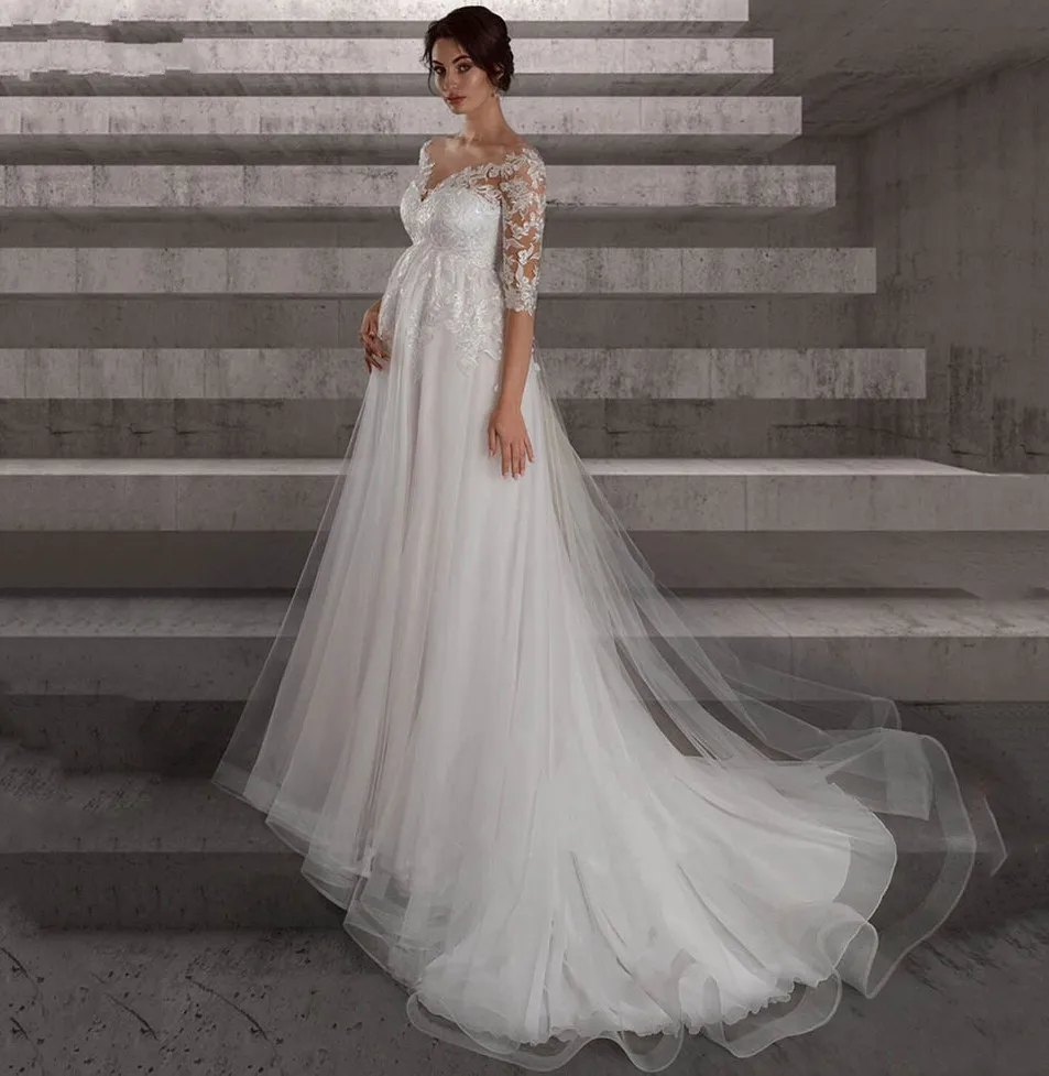 

Elegant Lace Wedding Dresses For Pregnant Half Sleeves Sheer O-Neck Tulle Maternity Bride Gown Vestidos De Noiva Robe Mariee