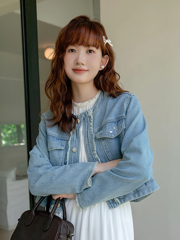 La Chabell Puella Short Denim coat Women Autumn Burr Design Sense Hong Kong Sle Vintage top