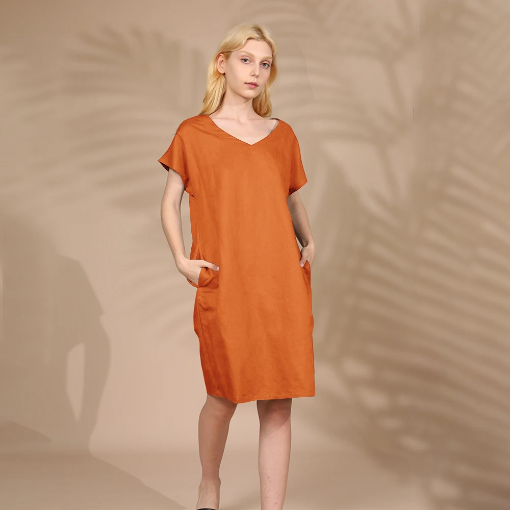 

Платье женское повседневное из хлопка и льна, пикантное мини-платье с V-образным вырезом и коротким рукавом для отдыха, пляжа, вечеринки, клу...