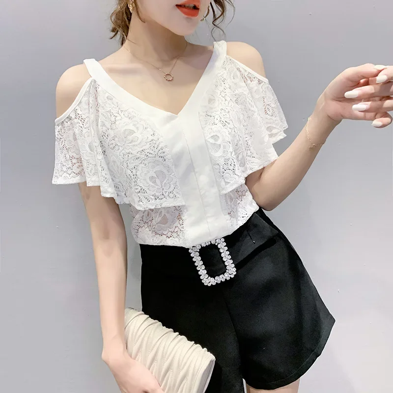 Лето 2023 новая сексуальная кружевная футболка с v-образным вырезом женская