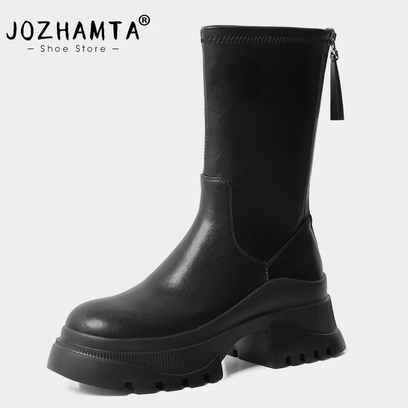 

JOZHAMTA Size 34-40 Women Ankle Boots Genuine Leather High Heels Shoes Woman Elastic Boots Winter Fashion Short Platform Boots