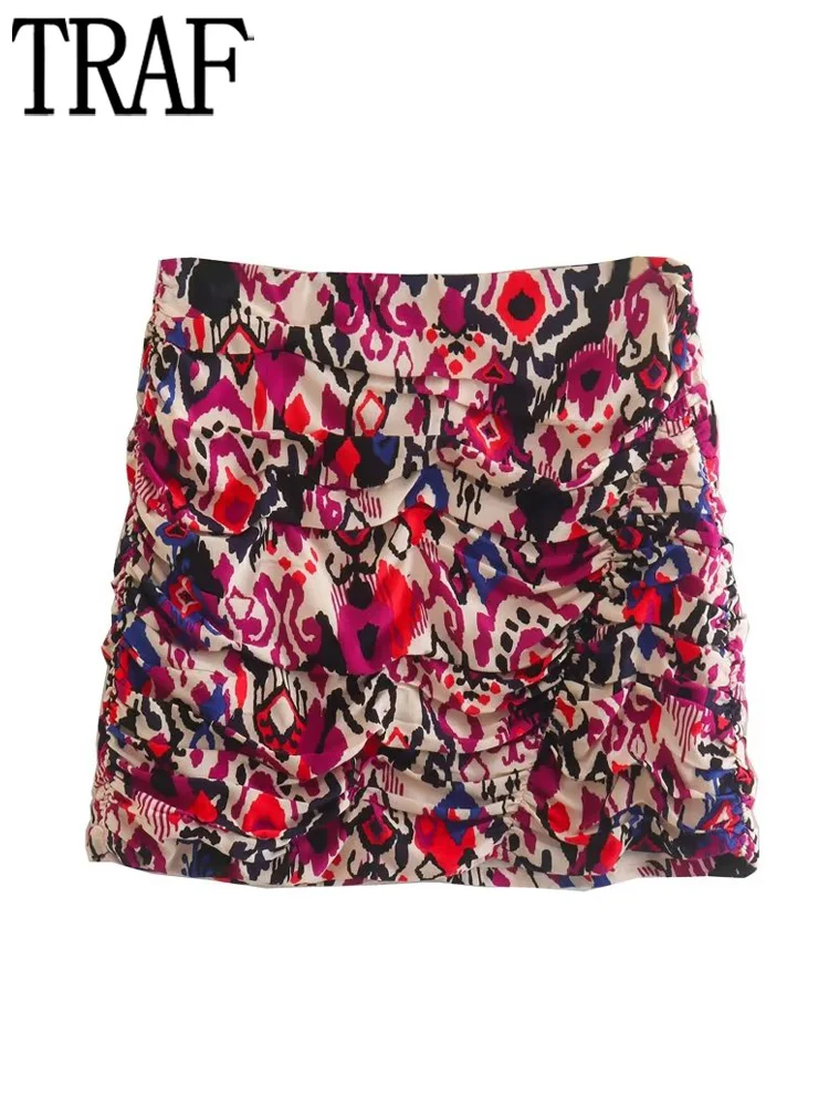 

TRAF Print Pleated Skirt Women High Waist Mini Skirts Woman Fashion 2023 Draped Short Skirts for Women Spring Women Skirt Sets