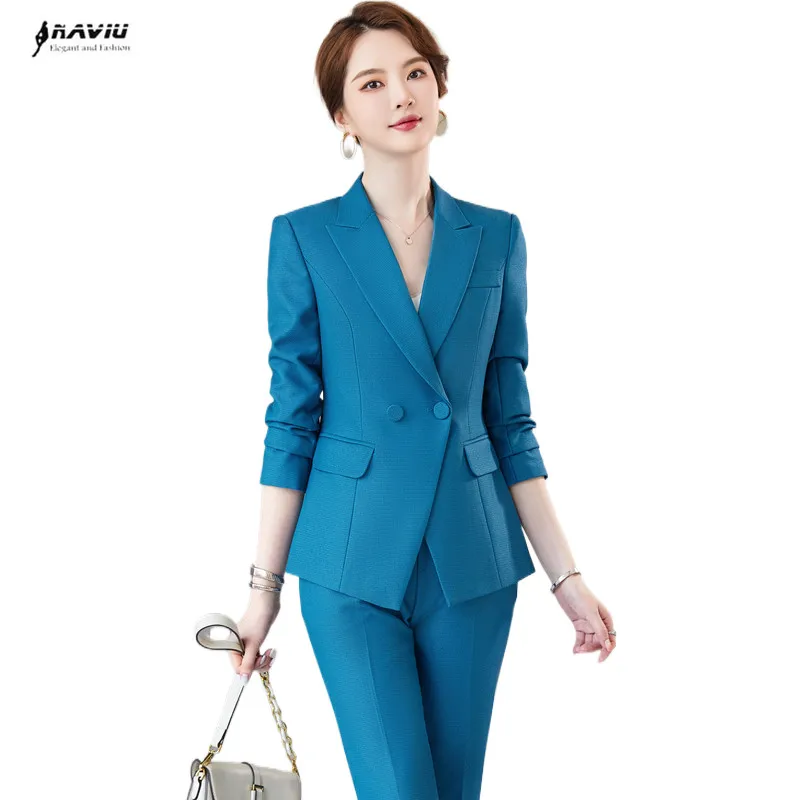 Naviu 2022 Winter Two Pieces Set Women Pants Suit Long Sleeve Blazer and Trousers Office Lady Formal Workwear Uniform
