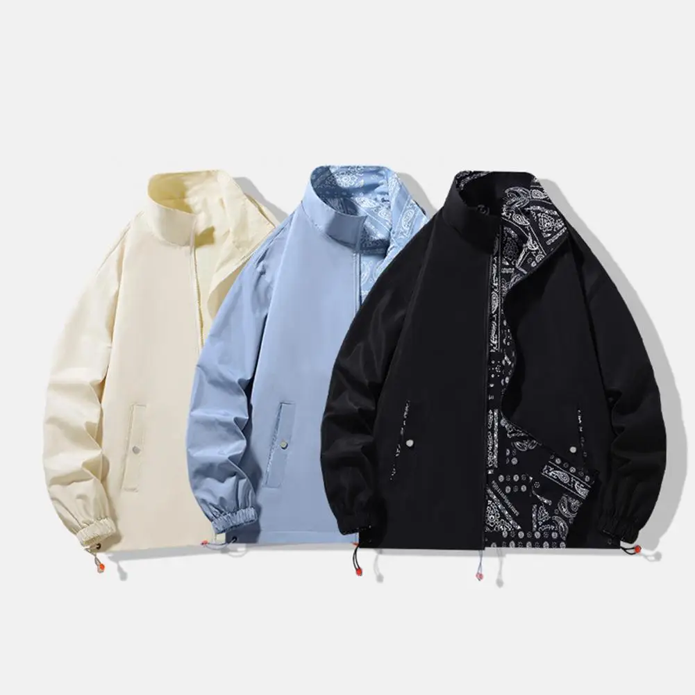 

Reversible Jacket Reversible Men's Spring/fall Jacket Windproof Print Design Elastic Cuffs Adjustable Drawstring Jacket