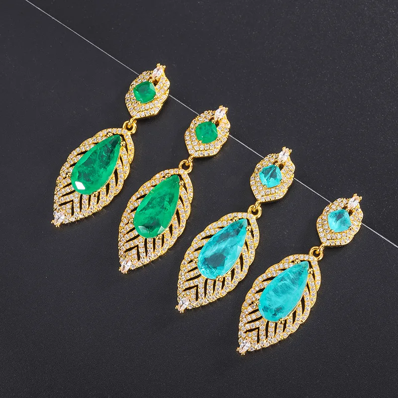 

Colorful peacock green feather earrings delicate long leaf vintage gorgeous women court retro fine jewelry