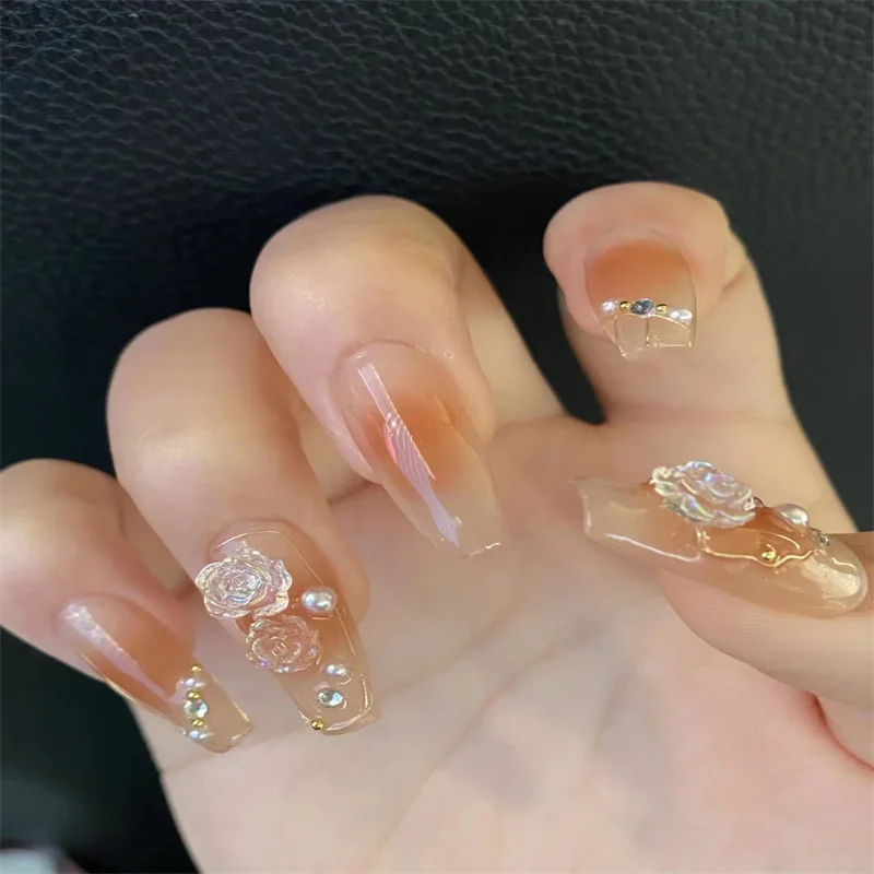

24pcs new fake nails wearing camellia pearl rhinestone blush wearing nail piece press on nails manicure