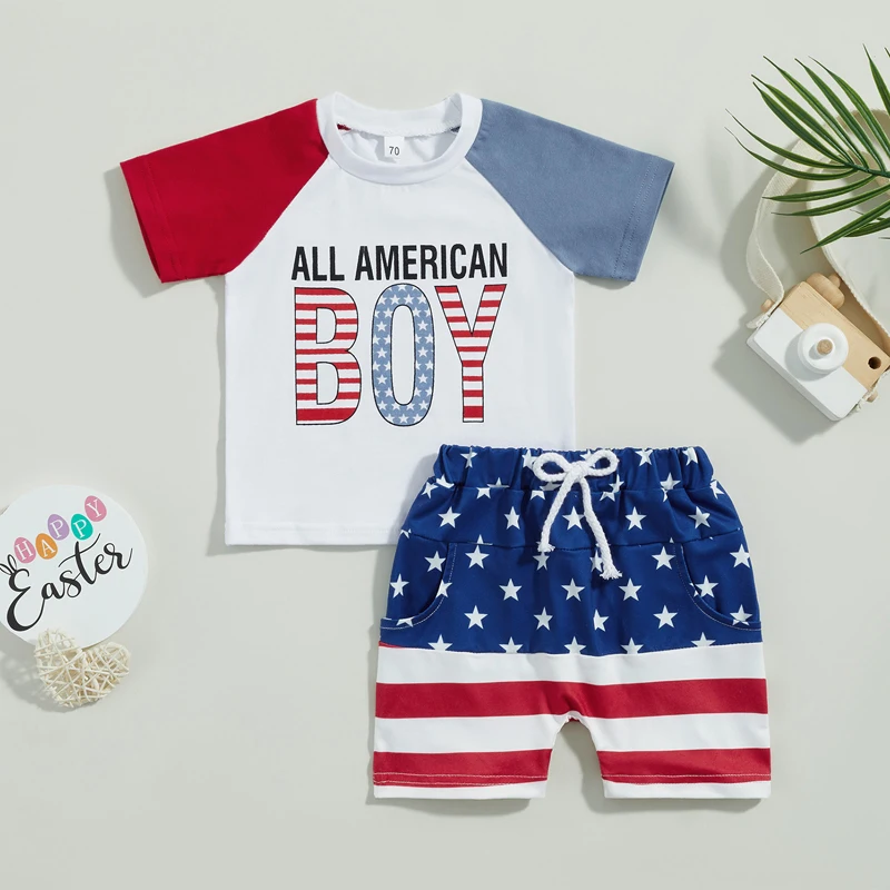 

0-3 Years Baby Boys Summer Outfits Independence Day Letter Print Short Sleeve T-shirt and Casual Elastic Star Stripe Shorts Set