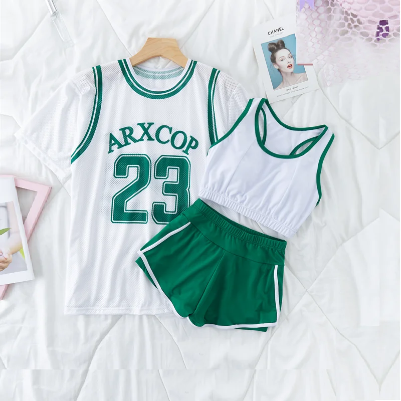 

Preppy Style Sunscreen Shirt 3Pcs Sets Women 2021 Fashion Cute Vest Swimwear Swimsuit Ollege Style School Shorts Tank Top Set