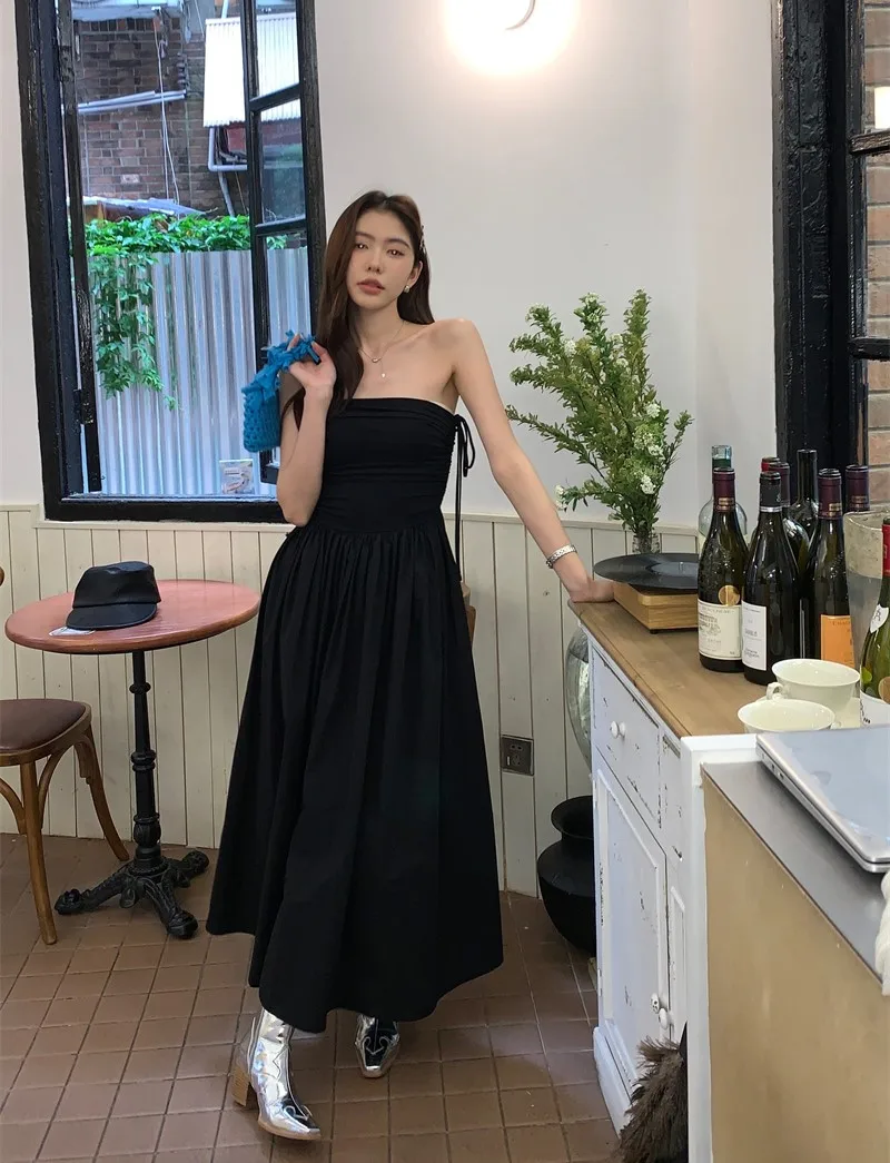 

Korean Style Versatile Waist Drawstring Panel Black Long Bra Dress
