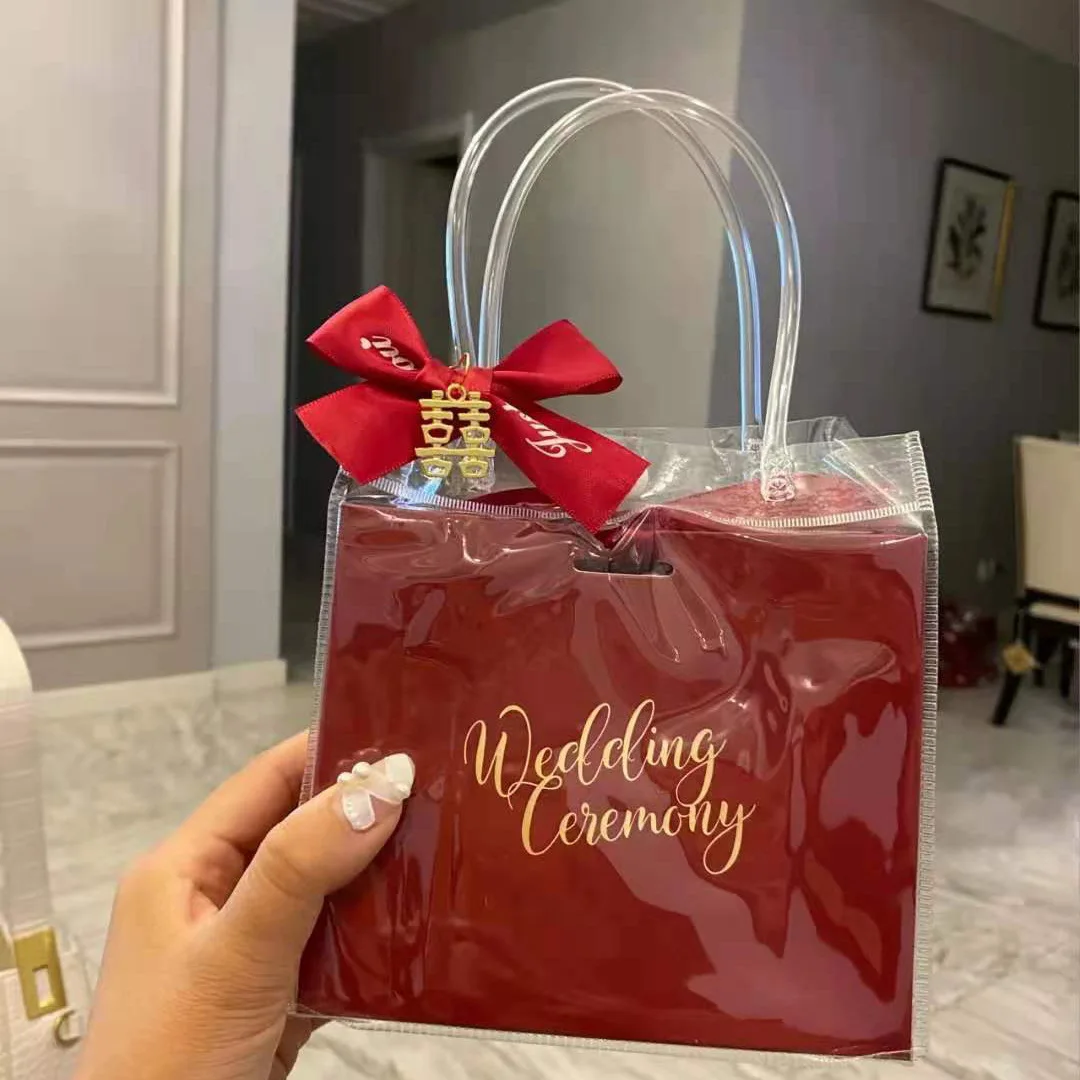 Clear PVC Plastic Gift Bags with Handles Transparent Reusable Plastic Gift Wrap Tote Bags for Bridesmaid Wedding Baby Shower