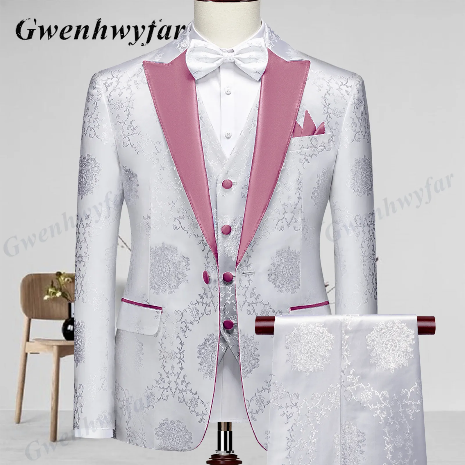 

Gwenhwyfar высококачественные мужские свадебные смокинги 2022 туманный розовый пик отворот Мужской Блейзер брюки жилет с белым рисунком