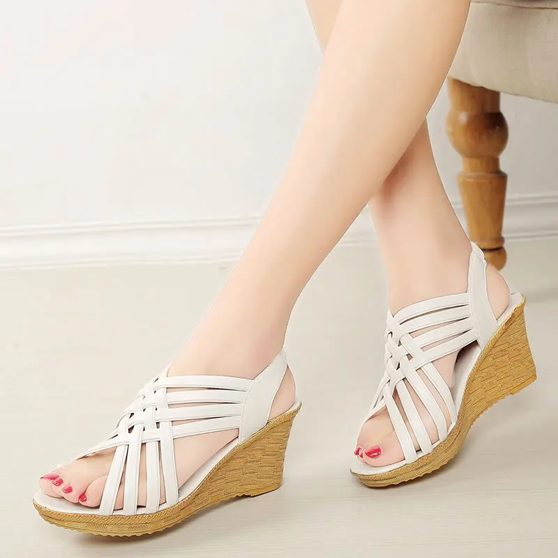 

Summer Wedge Women's Sandals Thick Bottom Open Toe Fish Mouth High Heels Straw Woven Strap Korean Casual Shoes Womens Shoes