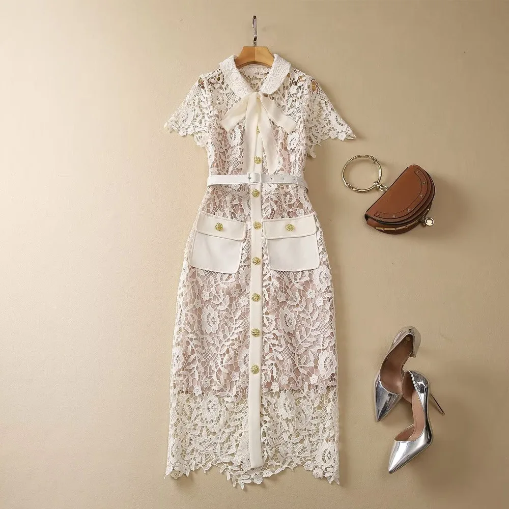 

Женское кружевное платье с бантом, белое однобортное платье средней длины с коротким рукавом, лето 2023