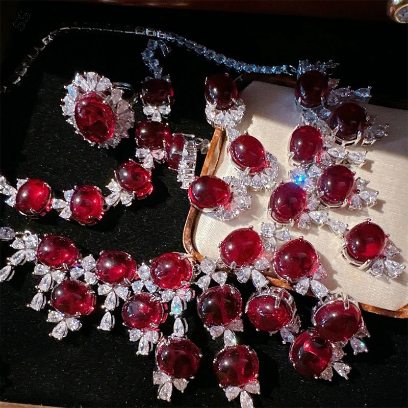 

Noble Red Gemstones Jewelry Sets Necklace/Earrings/Bracelet/Open Ring for Women's Evening Party Dresses Accessories Fashion