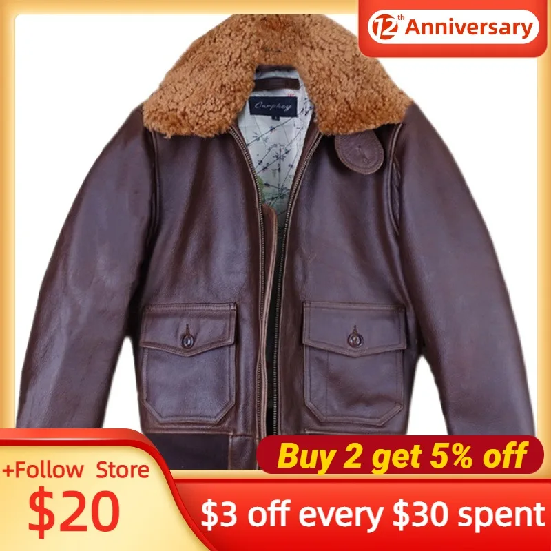 

2022 Dark Brown Genuine G1 Leather Jacket Men Military Style Plus Size 3XL Real Natural Thick Cowhide Autumn Loose Pilot Coat