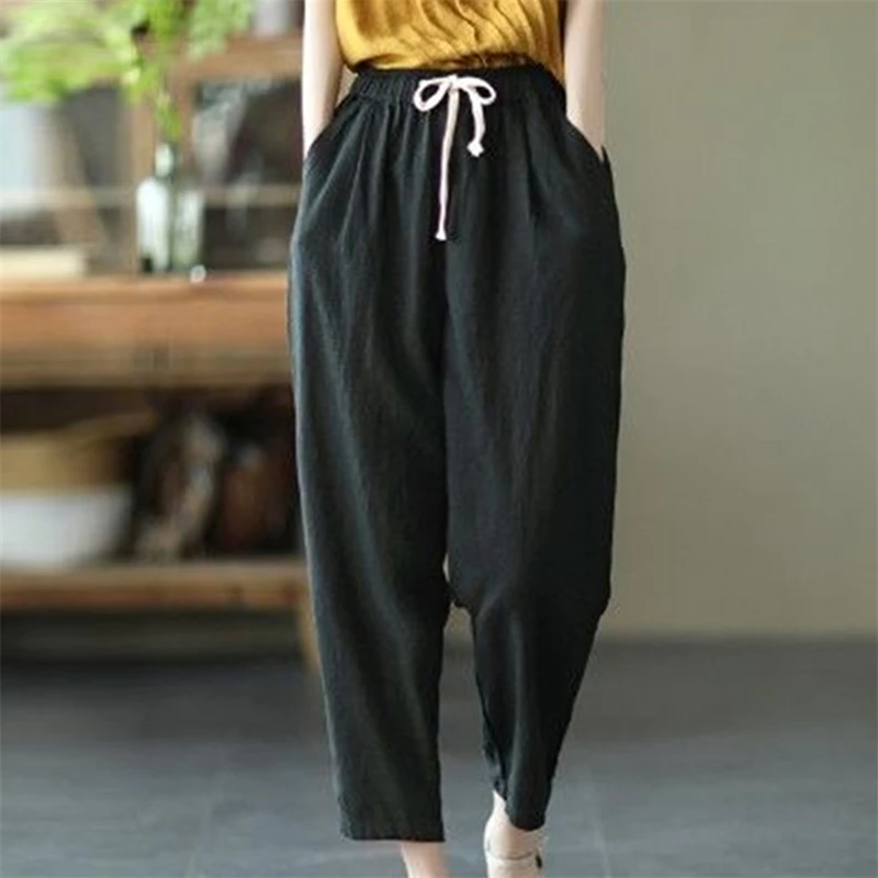 

Women Casual Trousers Spring Summer Cotton Linen Pants Solid Color New Ankle-length Pants Female Lace-up Waist Loose Trousers