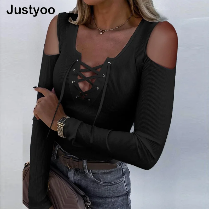 

2022 Elegant T-Shirts For Women Top Off-Shoulder Slim Fit Pullover T-Shirt Ladies Spring Solid Long Sleeve Short Tee Shirt New